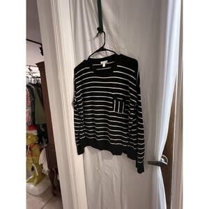 Garnet Hill Pins Cotton Easy Sweater Black White Striped Size S